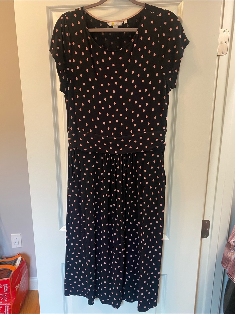 Boden Black Amelie Midi Dress with Pink Polka Dots